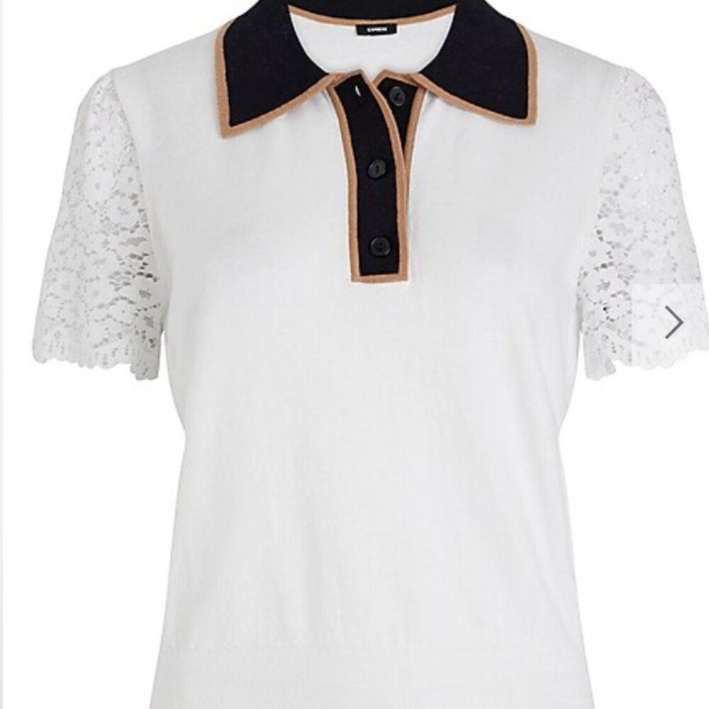 NWT Express Black White Floral Lace Collared Button Polo Short Sleeve Shirt XL